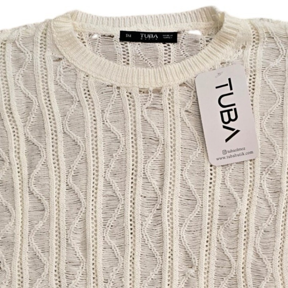 Tuba Butik Cream Open Knit Pointelle Cropped Sweater Women's Std Boho - Picture 4 of 11